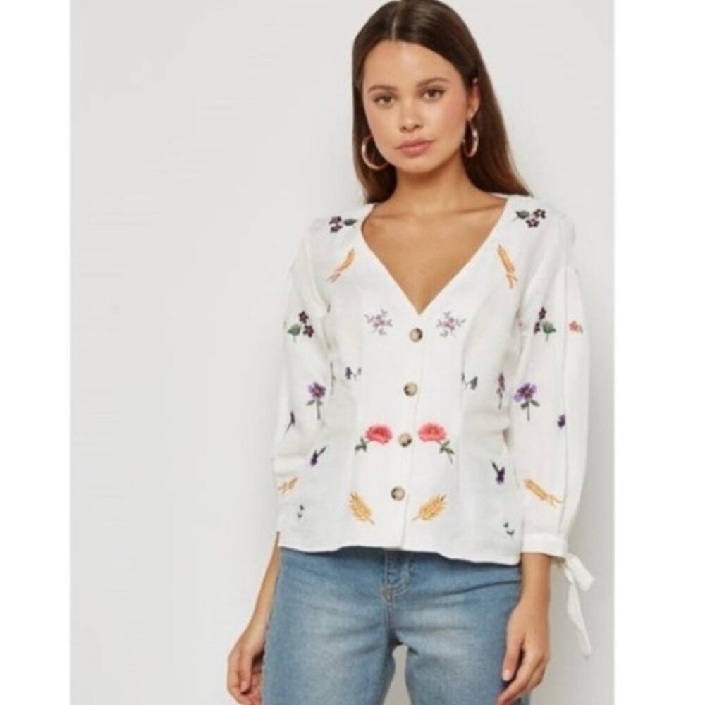 Topshop Floral Top Embroidered Flower Botanical Tie Sleeve Button Down Blouse 12